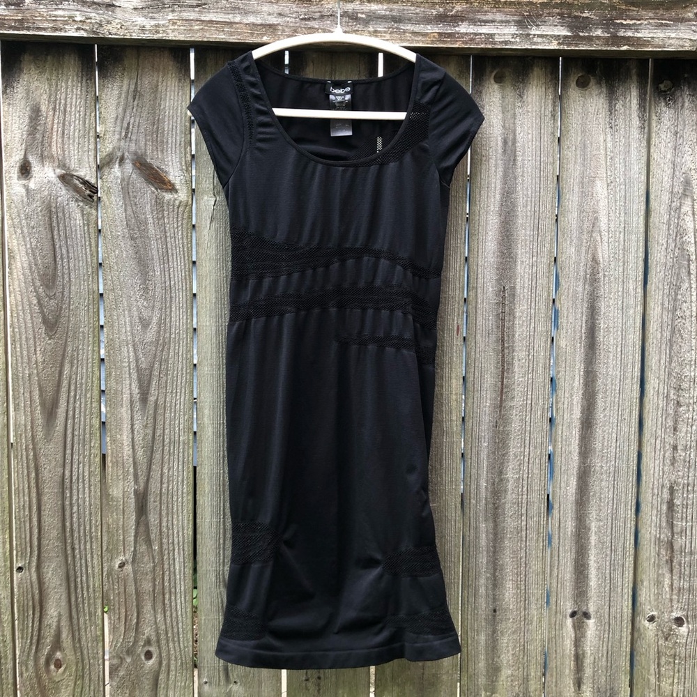 Vintage Y2K Bebe Bodycon Perforated Cap Sleeve Dress Black Size M-L Indie Sleaze